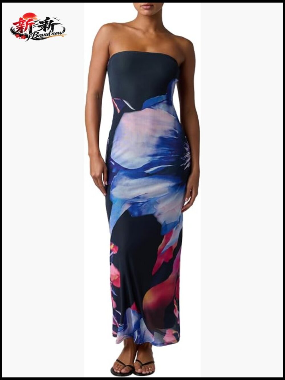 Strapless Bodycon Maxi Dress Abstract Floral Mesh Party